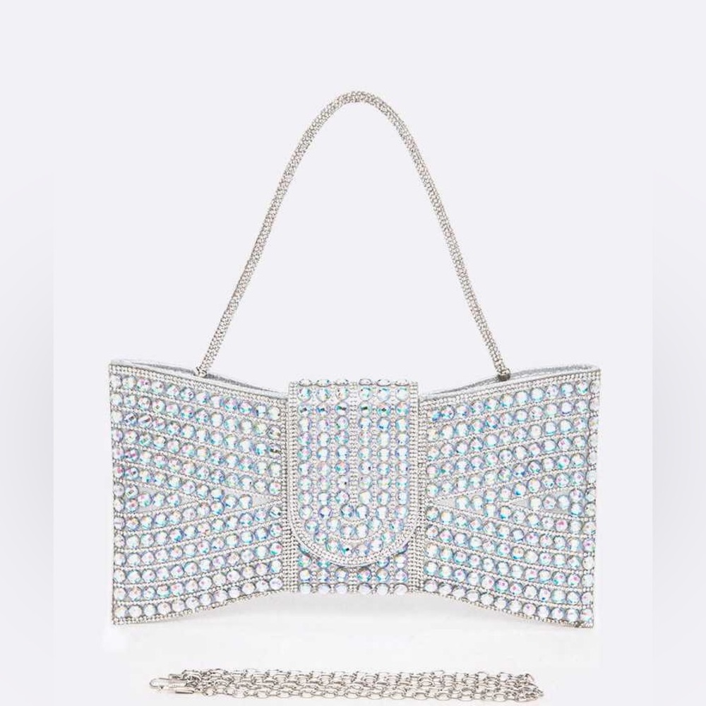Elegant Silver Rhinestone Pave Stone Bow Tie Clutch Bag